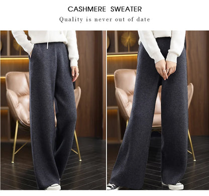 Women's 100% Cashmere Wide Leg Pants Knitted Thick Autumn/Winter Casual Solid Color Elastic Waistband Pockets