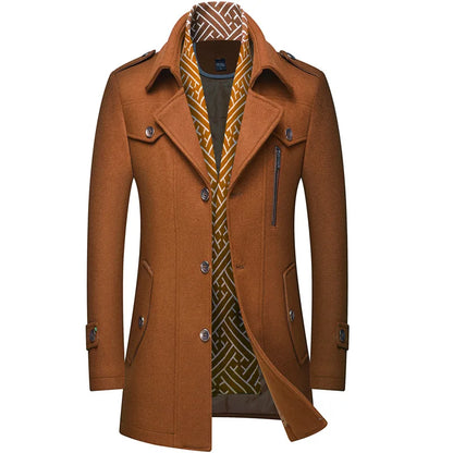 Thickened Men's Woolen Coat Scarf Collar Mid-Length Tweed Outerwear Winter Fashion Slim Fit Pocket Detail Pure Color Design