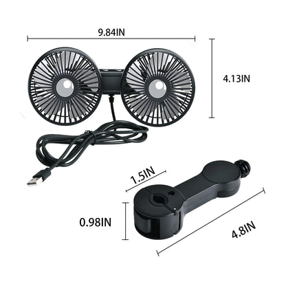 Hipacool Extension Arm Dual-Head Fan for Car Headrest 360° Rotation Air Cooling Fan Angle Adjustable 3-Speed Wind Brushless Fan