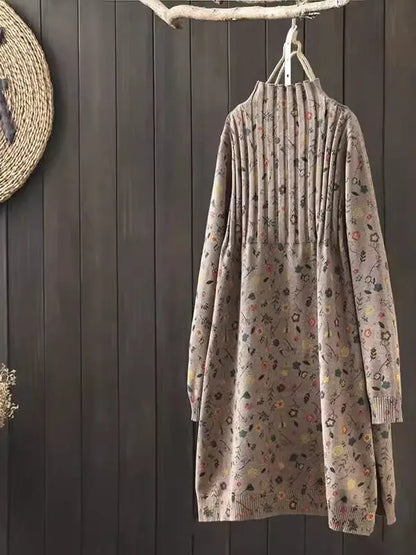 Retro Print Loose Knitted Dress Half High Collar Base Layer Skirt Autumn Winter Long Straight A-Line Dress for Women