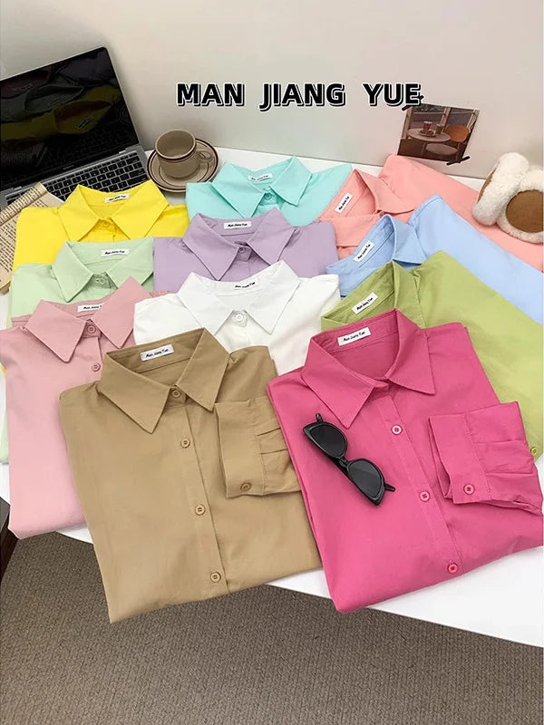 Spring Autumn Design Sensual Casual Versatile Slimming Outerwear Shirt Loose Fit Long Sleeve Polyester Flip Collar Women's Shirt