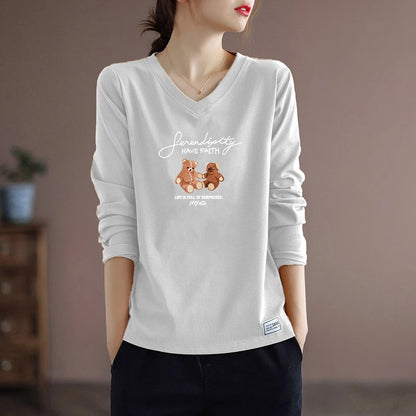 Pure Cotton Long Sleeve Women's T-shirt Autumn Season Versatile Base Layer Top Commute Style Loose Fit Regular Thickness