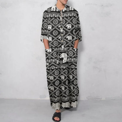 Men's Striped Print Arabic Thobe - Long Sleeve One Piece Islamic Robe,Middle Eastern Traditional Muslim Wear with Ethnic Pattern