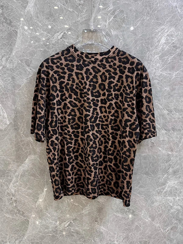 High-End Women's Retro Leopard Print round Neck Loose Short Sleeve T-Shirt 2025 New Style Commute Style Casual Inner Wear