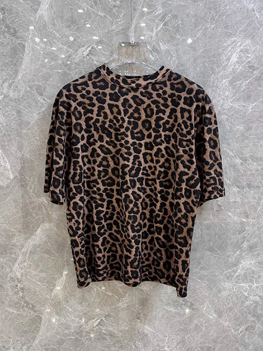 High-End Women's Retro Leopard Print round Neck Loose Short Sleeve T-Shirt 2025 New Style Commute Style Casual Inner Wear