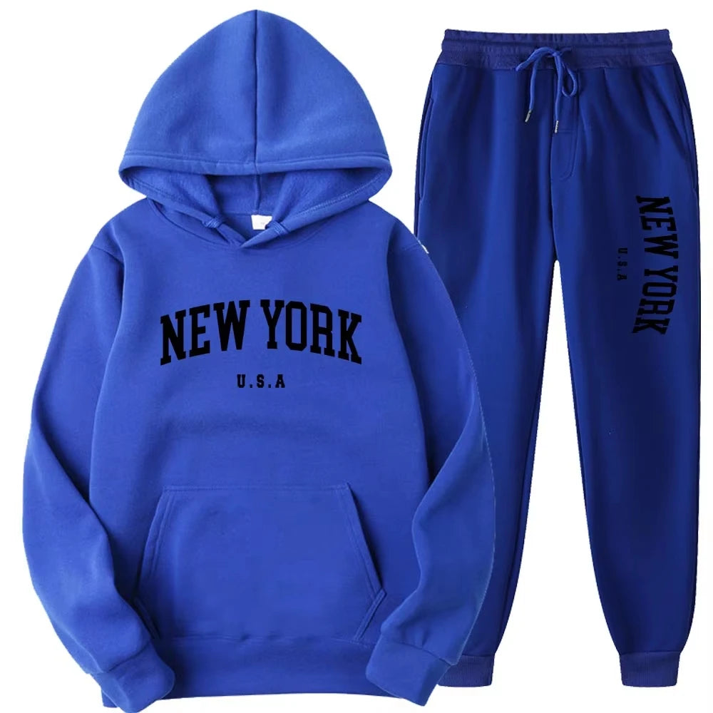 New York Print Hoodies Casual American Style Hoodie Set Mens Autumn Long Sleeves Hooded Loose Pullover Street Sweatshirt