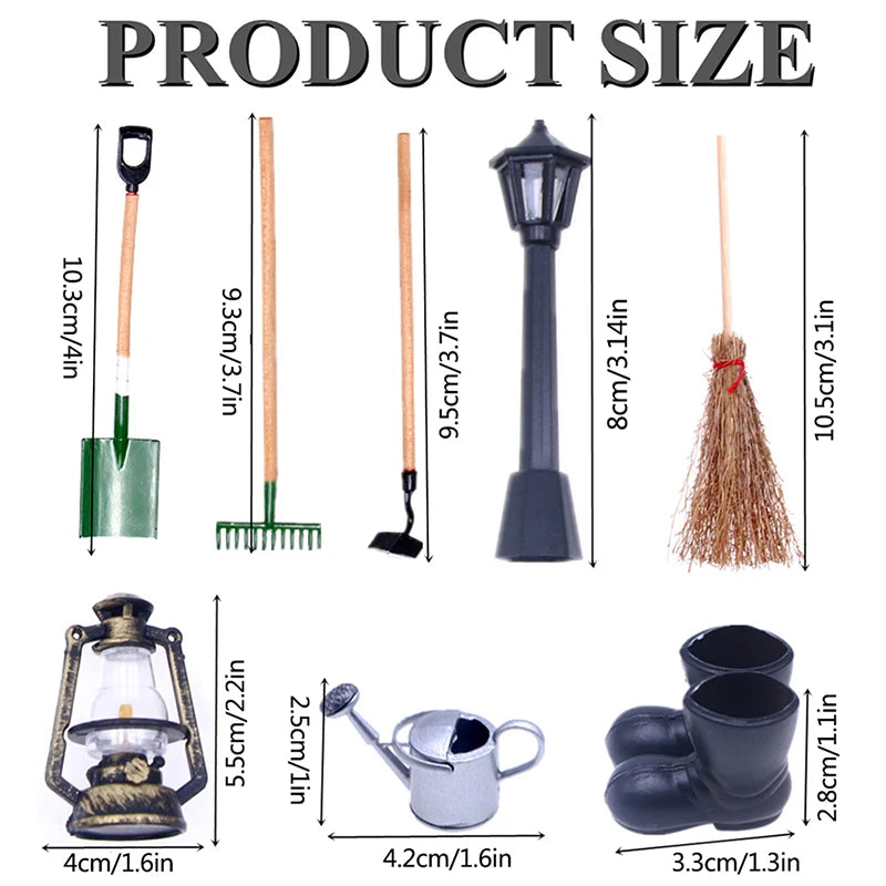 1Set 1:12 Dollhouse Miniature Farm Tool Ax Shovel Pull Cart Broom Boots Watering Can Garden Decor Toy Doll House Accessories