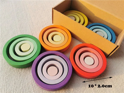 Kids Rainbow Wooden Nest Rings Unpaint Beech Stacking Blocks Creative Loose Parts Montessori Toys