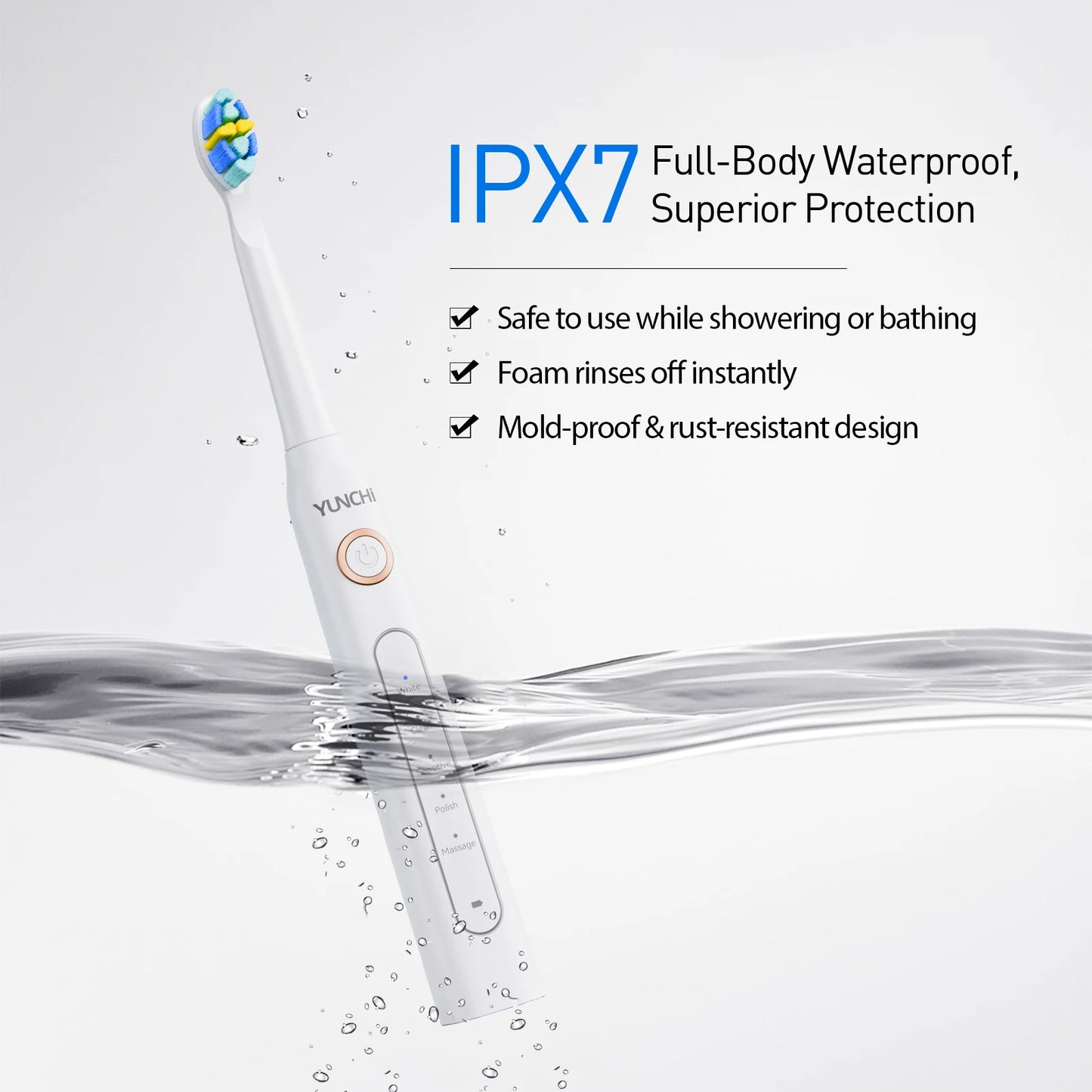 YUNCHI ultrasonic electric toothbrush with 5 operation modes and 40000 high-frequency vibrations.USB charging, waterproof
