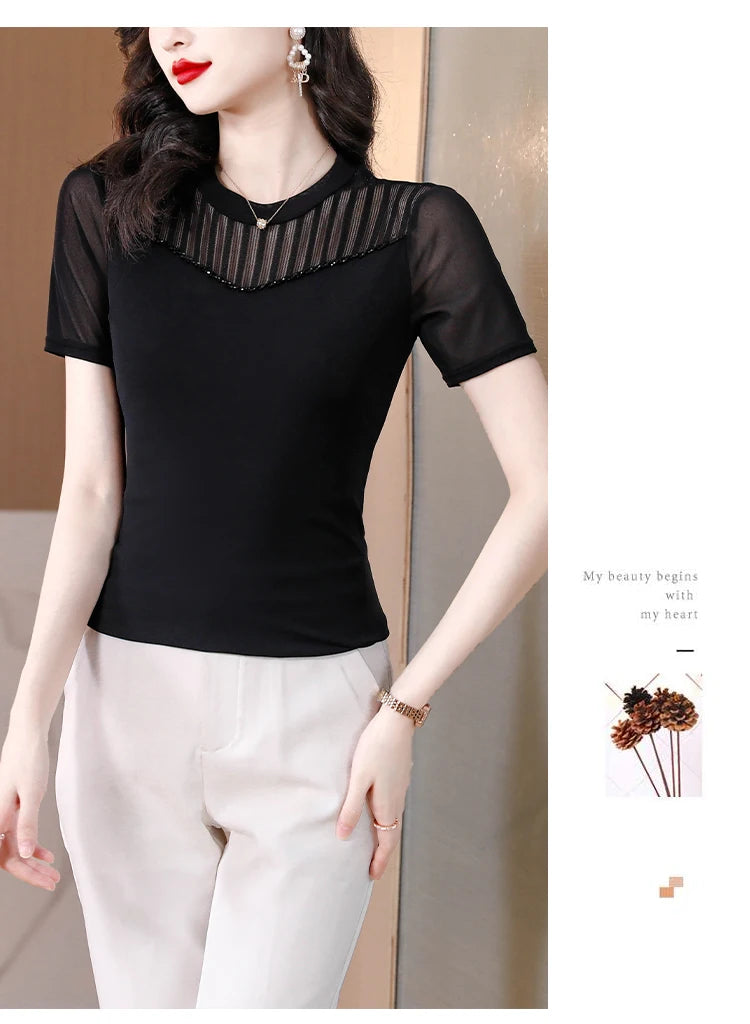 Lace Short Sleeve Slim Fit T-Shirt Women's Summer New Netting Thin Style round Neck Regular Length Pure Color Commute Style