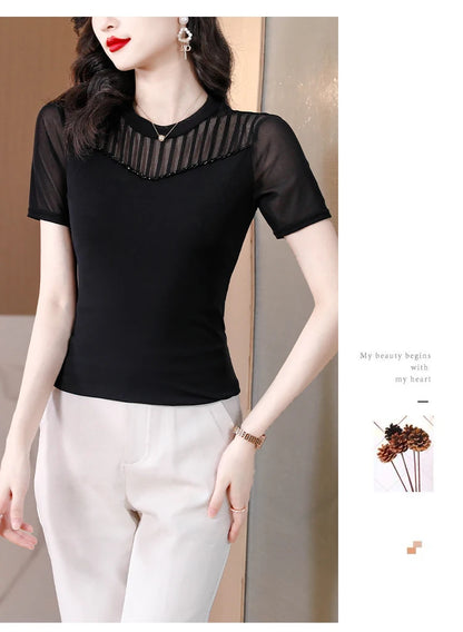 Lace Short Sleeve Slim Fit T-Shirt Women's Summer New Netting Thin Style round Neck Regular Length Pure Color Commute Style