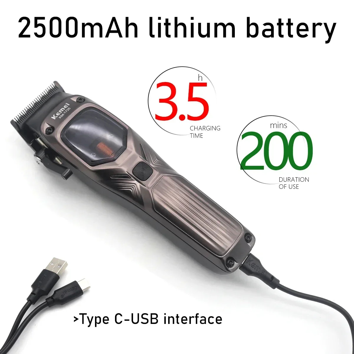 KEMEI KM-1726 Professional Hair Clipper for Men with DLC Blade 10000RPM Magnetic Vector Motor Men's Haircut Machine Barber Shop