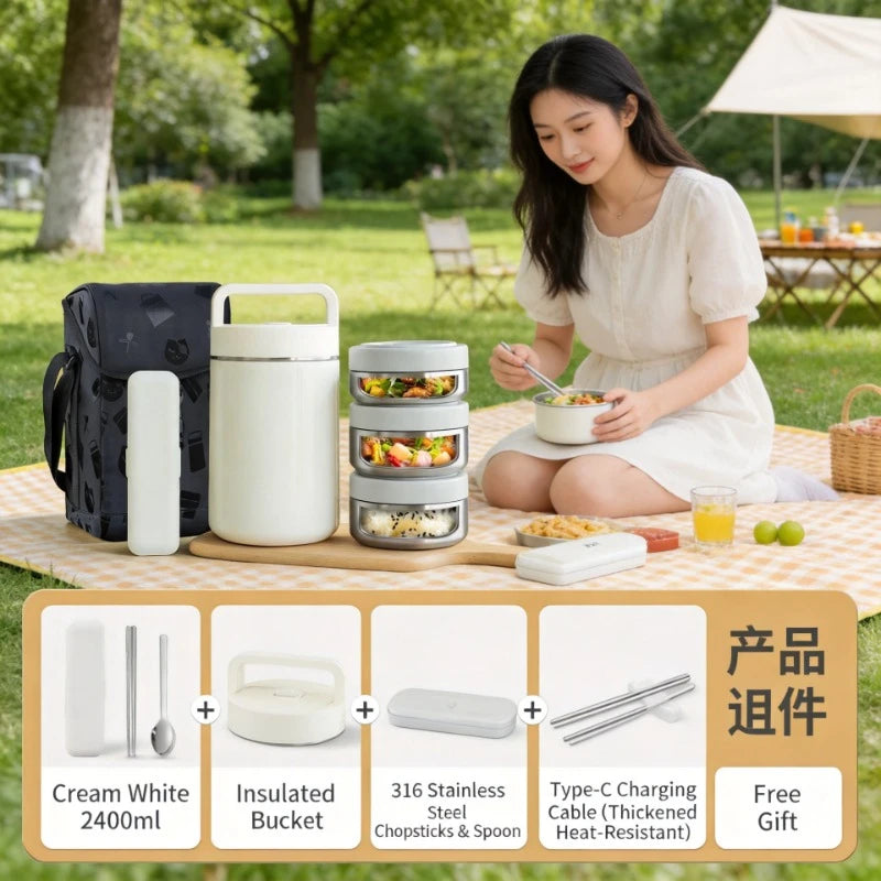 3 Layers Stainless Steel USB Heating Portable Insulated Lunch Box Food Storage Container For Adults