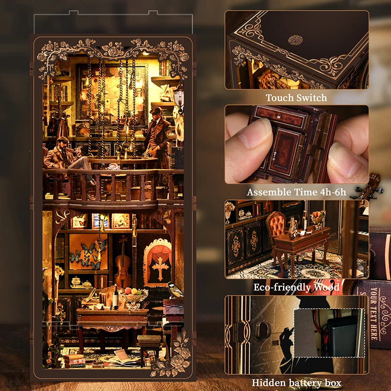 DIY Detective Mystery Book Nook Kit with LED Lights Wooden Bookend Bookshelf Insert Handmade Craft Gift for Book Lovers Adults