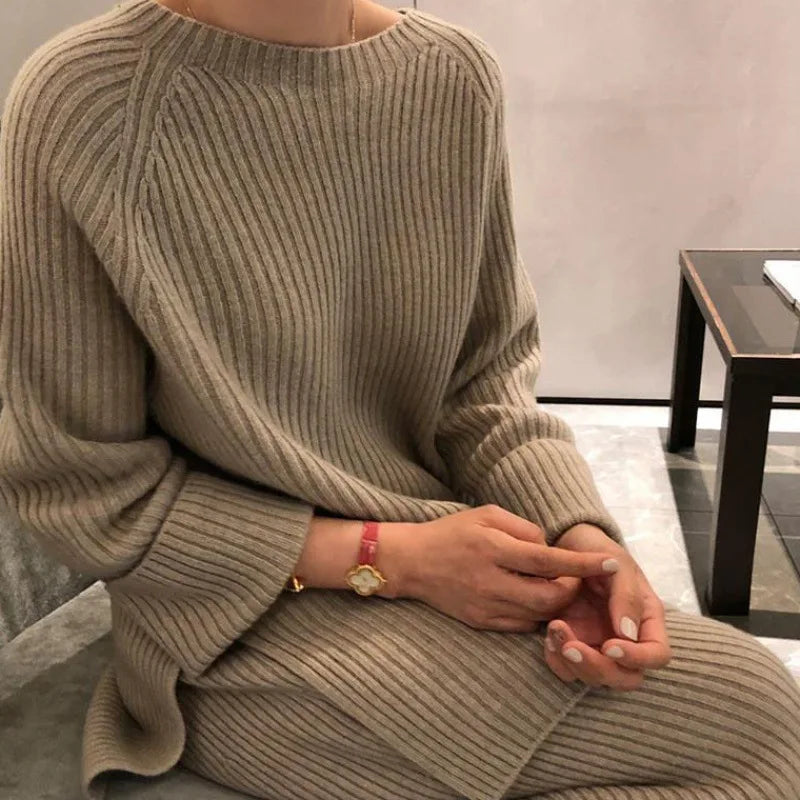 Women Elegant Sweater Suit Elegant Knitted Two Pieces Set Autumn Winter Oversized Pullover and Trousers Suit Female Outfits 2022