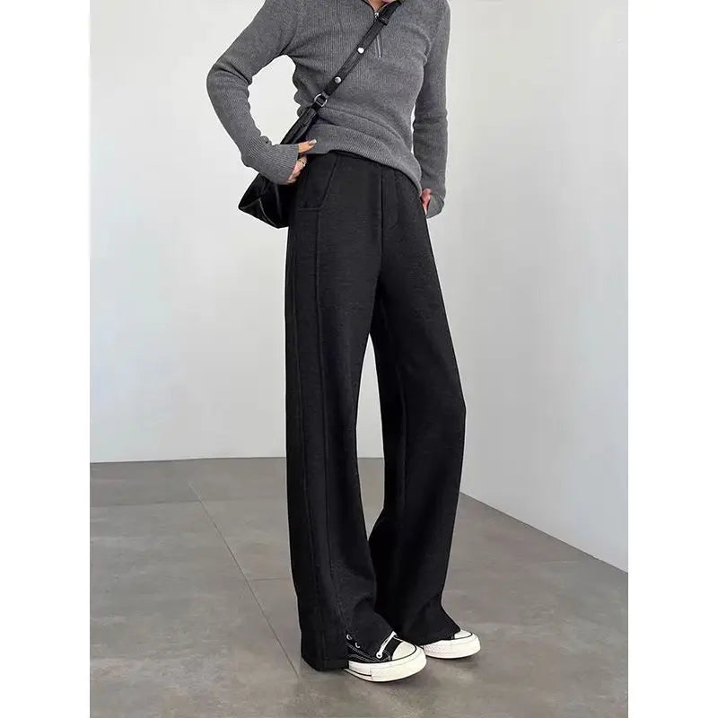 Thickened Fleece Wide Leg Pants High Waist Trousers for Women Casual Autumn Winter Slimming Warmth Pants Korean Style