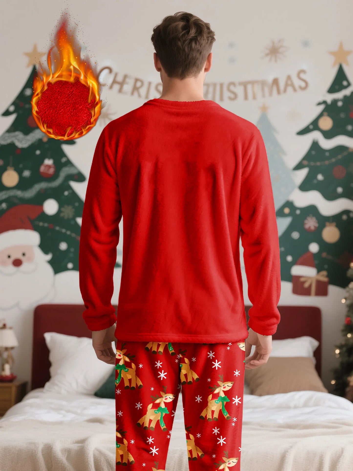 Men's Christmas-themed fleece pajama set, featuring a long-sleeve top and matching pants, comfortable and casual loungewear