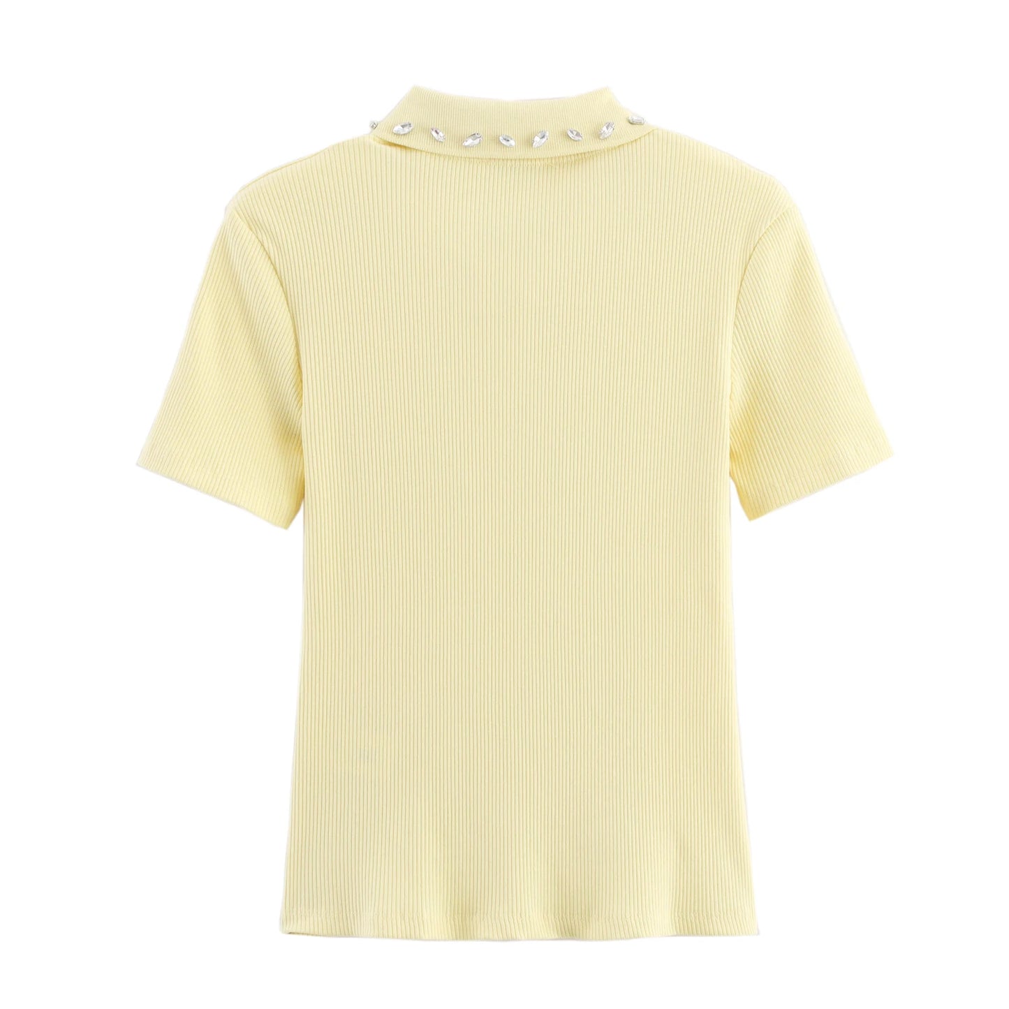 Retro American Diamond Embedded Short Sleeve Knitted T-shirt Women's Sweet Anti-aging Top Jewelry Collar Turn-down Collar