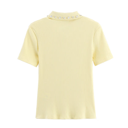 Retro American Diamond Embedded Short Sleeve Knitted T-shirt Women's Sweet Anti-aging Top Jewelry Collar Turn-down Collar