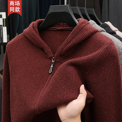 100% cashmere sweater men's hooded casual loose zipper sweater knitted cardigan exterior