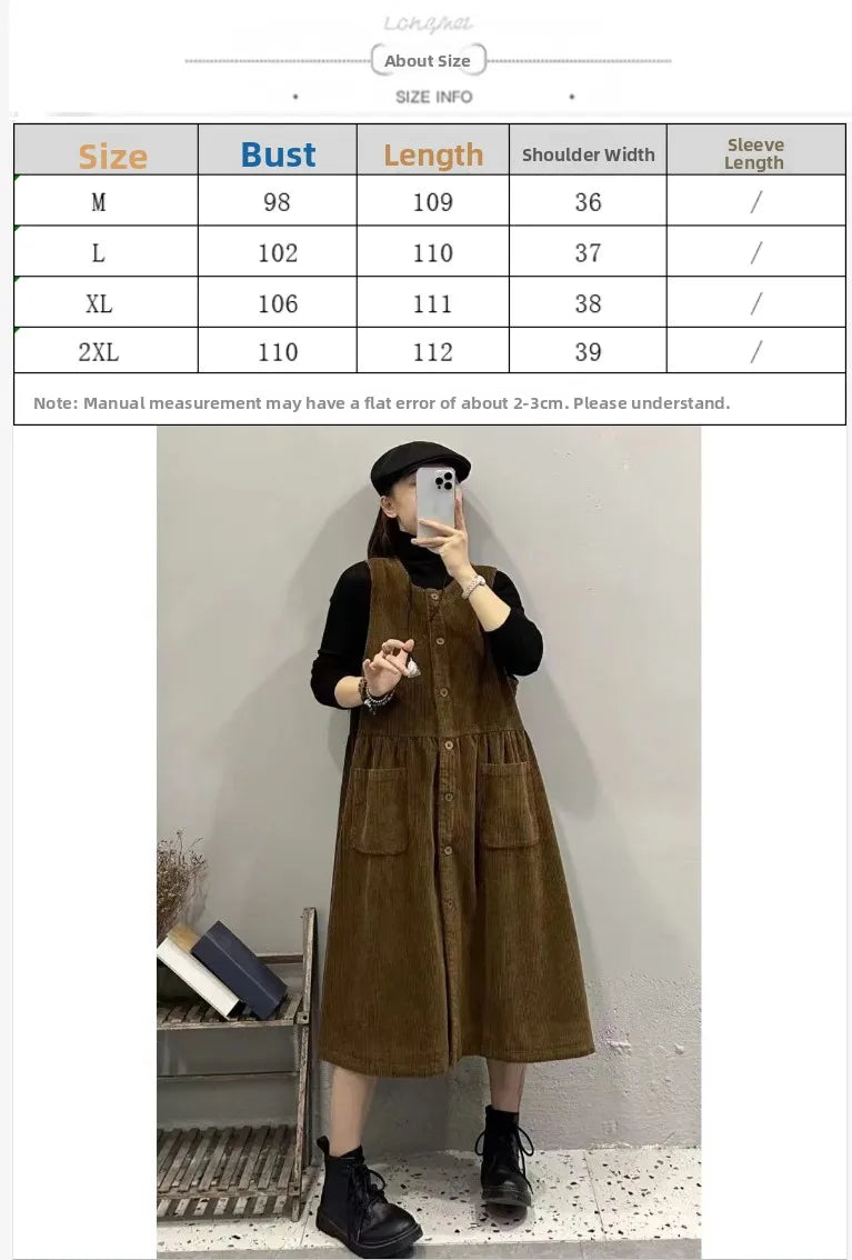 Retro Korean Style Corduroy Dress with Pockets Autumn Winter Loose Slimming Long Dress for Women Casual A-Line Skirt