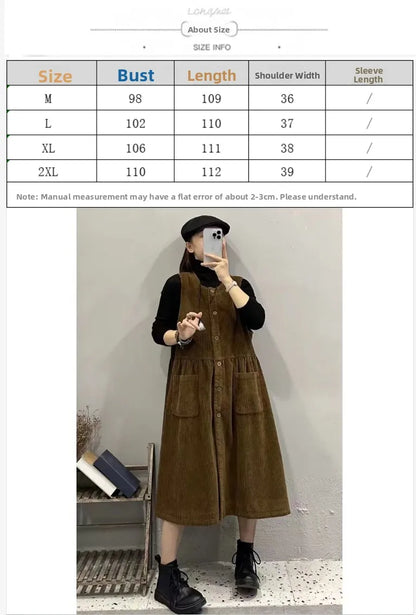Retro Korean Style Corduroy Dress with Pockets Autumn Winter Loose Slimming Long Dress for Women Casual A-Line Skirt