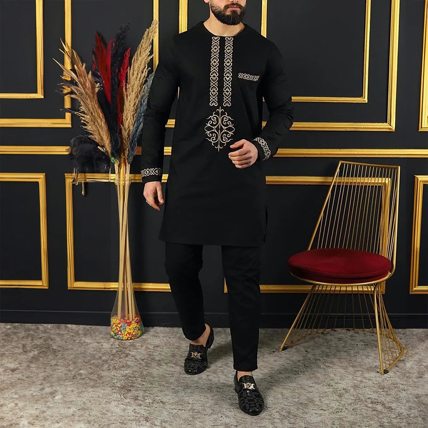 Fashionable Ethnic Embroidered Long Sleeve Long Pants Suit for Men New 2026 Style Summer Season round Neck Single Button Closure