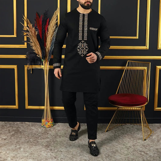 Fashionable Ethnic Embroidered Long Sleeve Long Pants Suit for Men New 2026 Style Summer Season round Neck Single Button Closure