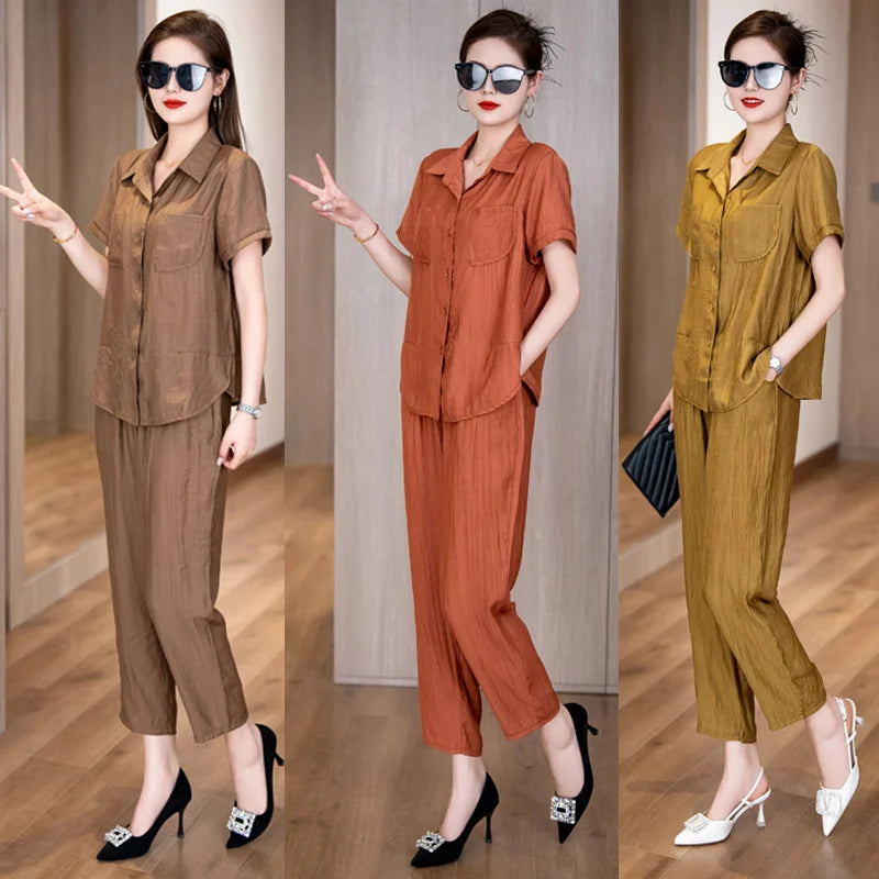 Chic Cotton Linen Two-Piece Set Short Sleeve  Collar Mom Summer Fashion Ensemble for Women over 35 Years Old