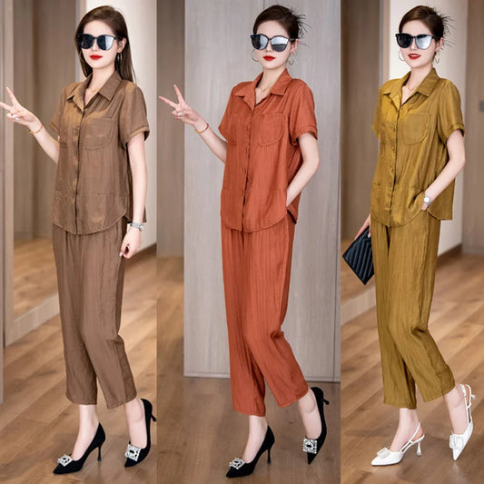 Chic Cotton Linen Two-Piece Set Short Sleeve  Collar Mom Summer Fashion Ensemble for Women over 35 Years Old