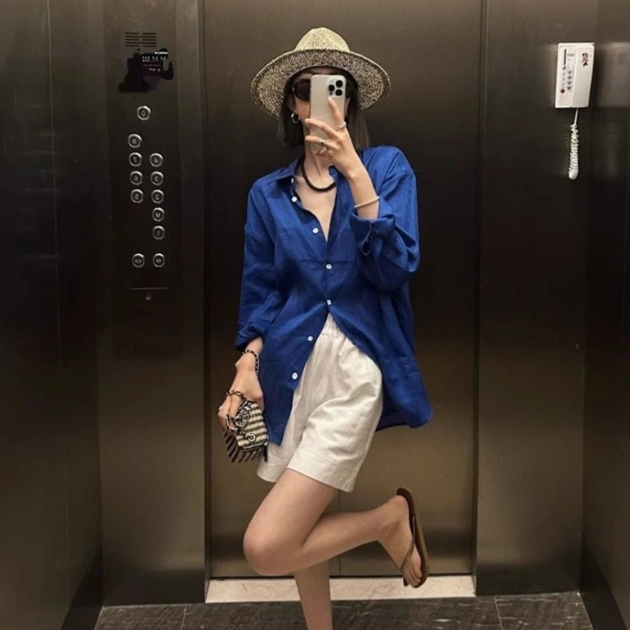 White Linen Cotton Blend Long Sleeve Shirt Women Summer Thin Loose Style Sun Protection Top Casual Commute Fashion  Collar