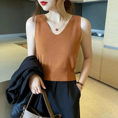 Women's Summer V-Neck Tank Top: Breathable, Waist-Defining Short-Sleeved Knit Top with Ice-Silk Spandex Lining for Outerwear