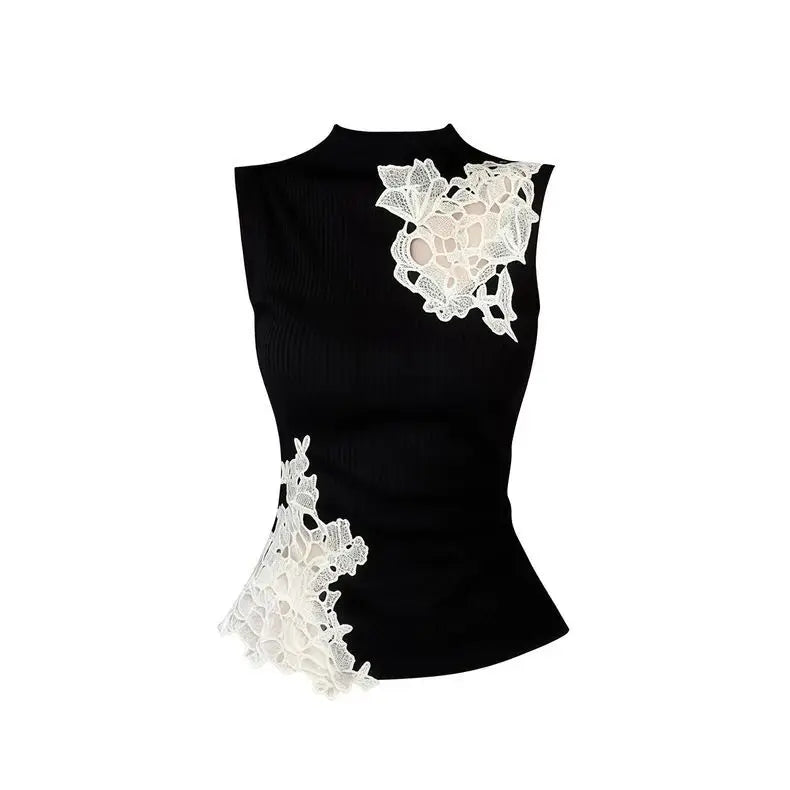 Black Lace Patchwork Sleeveless Tank Top Women Spring Summer Design Slim Hollow-out Y2k Top Sexy T-shirt Cute Tops New
