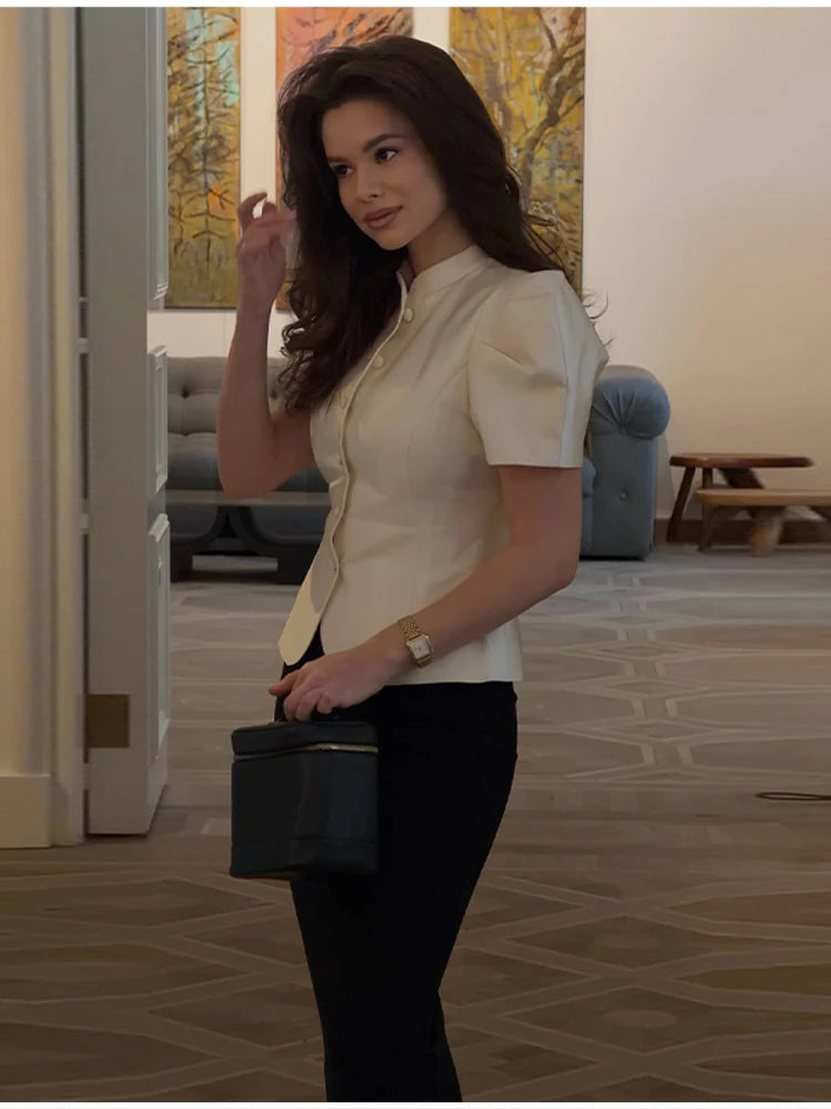 Women's Elegant Puff Sleeve Blouse Stand Collar Single-breasted Fitted Peplum Top Female Office Formal Occasions Cozy Clothes