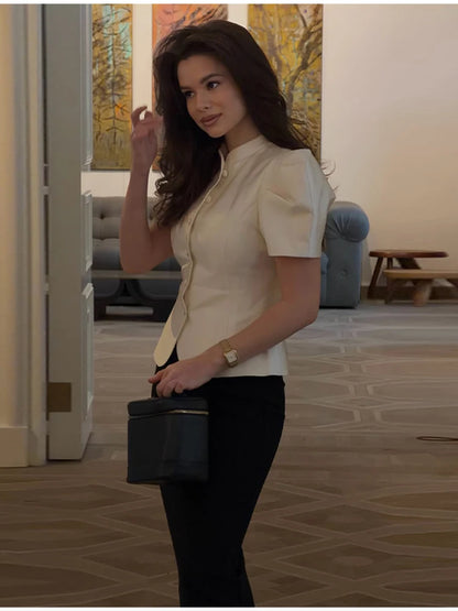 Women's Elegant Puff Sleeve Blouse Stand Collar Single-breasted Fitted Peplum Top Female Office Formal Occasions Cozy Clothes