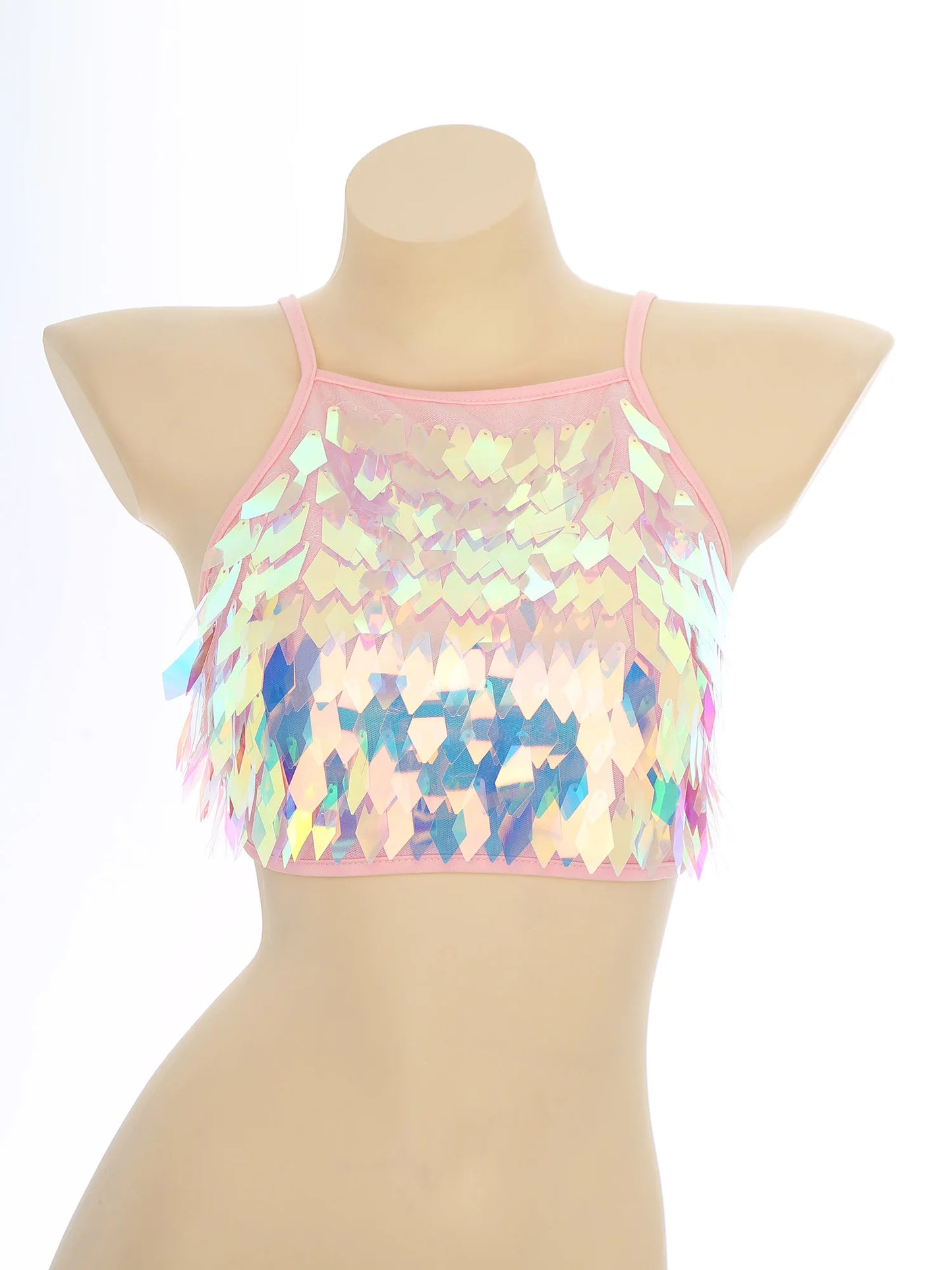 Shiny Sequin Tassel Bra Top Sexy Mini Lace-up Tank Top Camisole for Women Dancing Nightclub Crop Top Vests Bralettle Clubwear