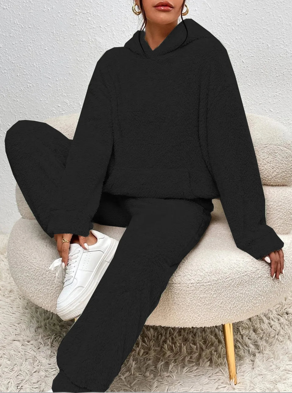 Autumn Winter Fashion Women Casual Hooded Sweatshirt Leg Pants 2 Piece Set Warm Furry Plush Trousers Suit Female Outfit