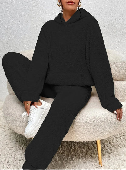 Autumn Winter Fashion Women Casual Hooded Sweatshirt Leg Pants 2 Piece Set Warm Furry Plush Trousers Suit Female Outfit