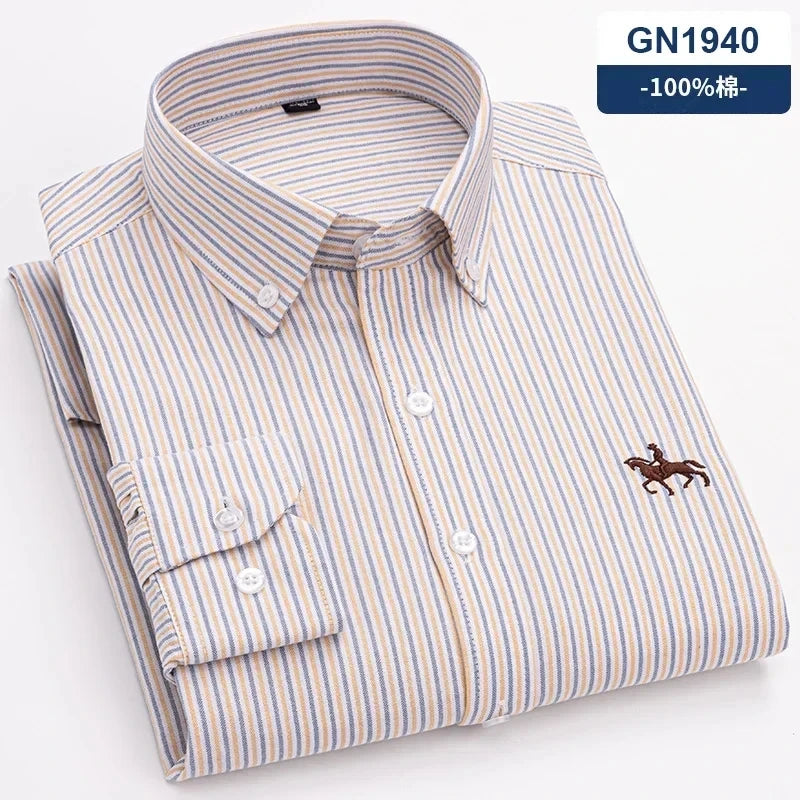 New 100% Cotton Oxford Shirt For Men's Long Sleeve Solid Casual Business Regular-Fit Formal Dress Shirts Social Blouse S-6XL