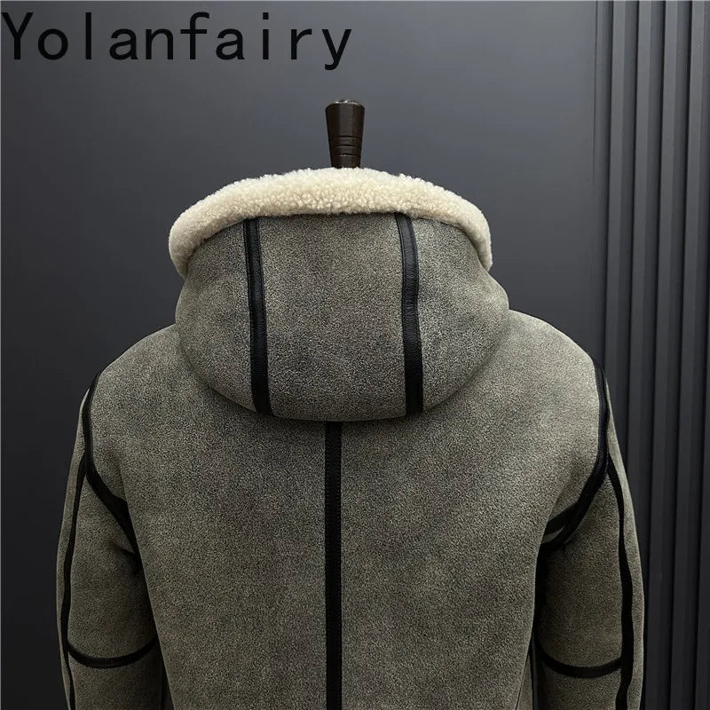 YOLANFAIRY New Natural Fur Coat Man Warm Hooded Winter Real Sheepskin Genuine Leather Jacket Men High Quality Leather Jackets