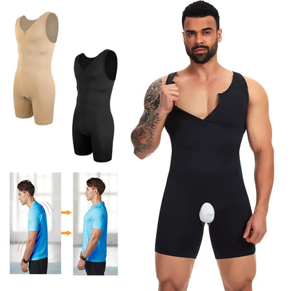 Men's Full Body Shaper Sleeveless Shapewear Low Neckline Zipper Bodysuit Open Crotch Underwear Tummy Control Fajas Abs Abdomen