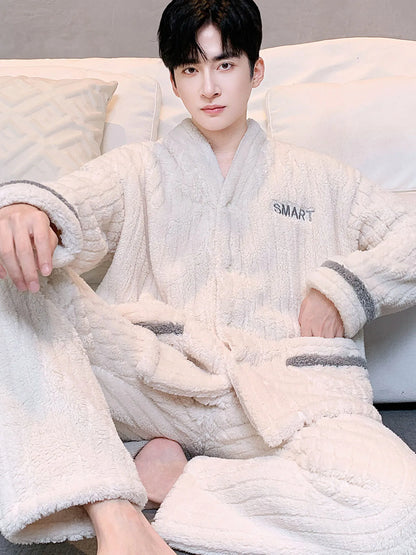 Thickened Flannel Coral Fleece Lined Sleepwear Set Men's Long Sleeve V-Neck Button Placket Home Clothes Suitable for Outdoor