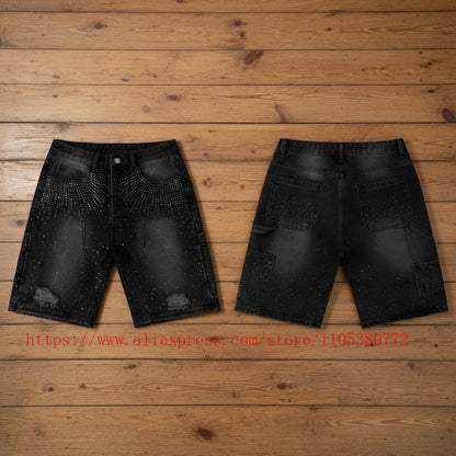 American Fashion Rhinestone-decorated Denim Shorts for Men Y2K Washed Blue Loose Denim Shorts Street Style Summer Casual Shorts
