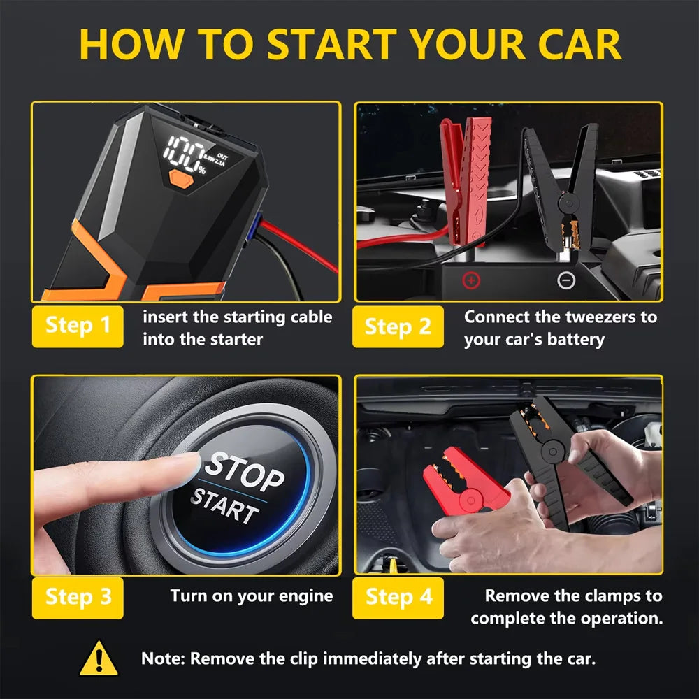 Portable 1000A Car Jump Starter & Air Compressor, Digital Tire Inflator, Emergency Power Bank with LED Flashlight for Vehicle