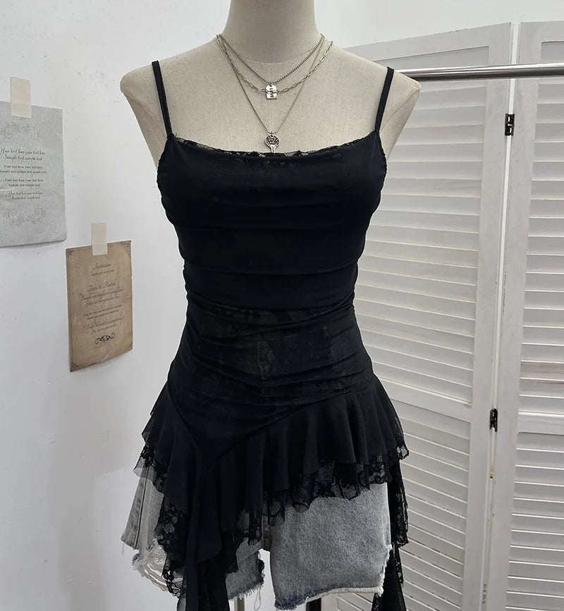 ISAROSE Summer Y2K Camisole for Women Casual Spaghetti Straps Double Layers Lace Stretch Mesh Patchwork Asymmetrical Slim Tops