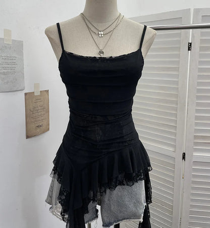 ISAROSE Summer Y2K Camisole for Women Casual Spaghetti Straps Double Layers Lace Stretch Mesh Patchwork Asymmetrical Slim Tops