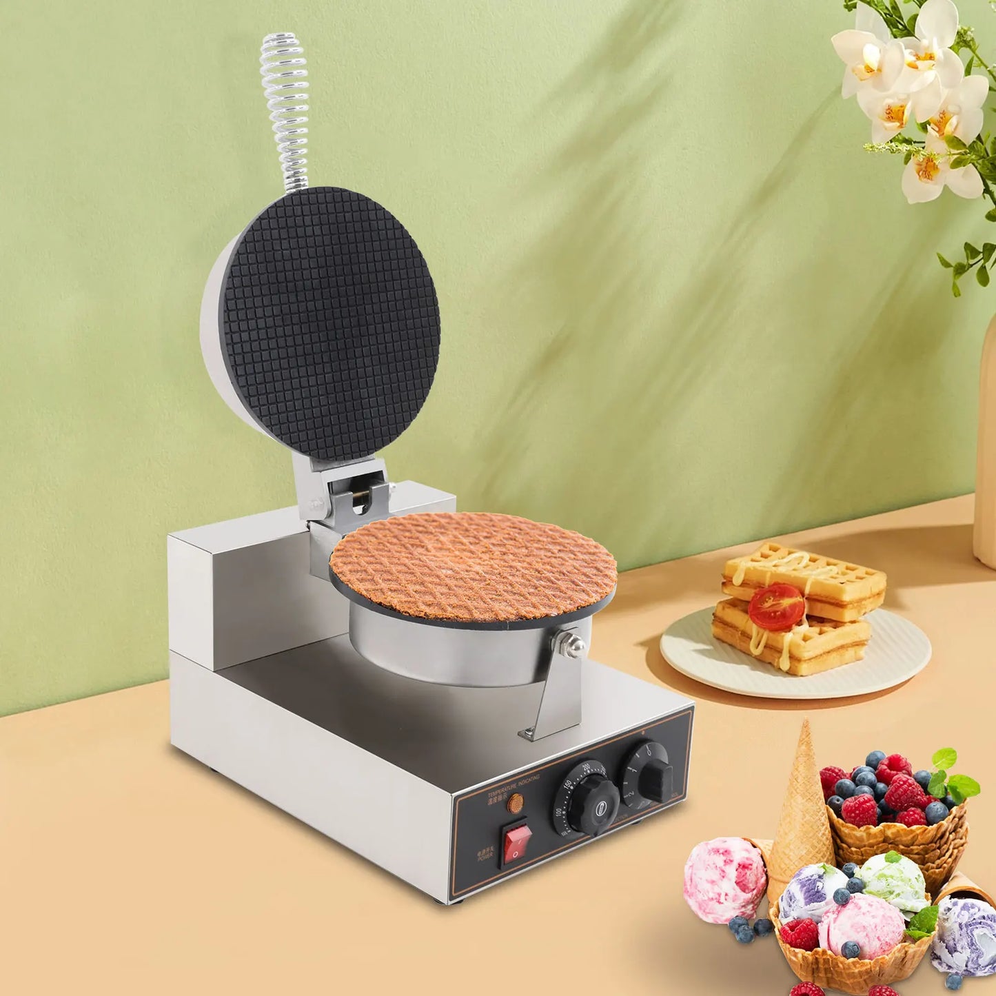 Commercial Electric Ice Cream Cone Machine Stainless Steel Waffle Cone Egg Roll Maker Tabletop Design Adjustable Time And Temperature High Efficient Baking Tool 110V US Plug No Assembly Sturdy Construction Portable Snack Maki