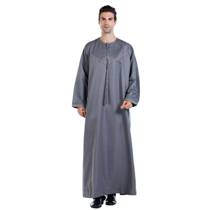 TH816 Men's Muslim Middle Eastern Men Long Sleeves Patchwork Round Collar Button Robe Ramadan Eid Jubba Thobe