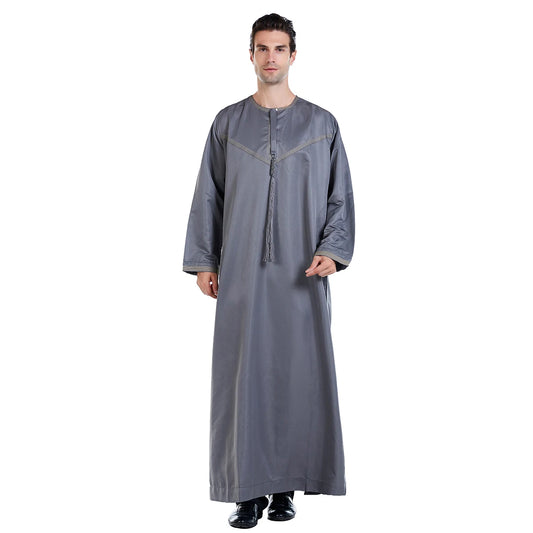 TH816 Men's Muslim Middle Eastern Men Long Sleeves Patchwork Round Collar Button Robe Ramadan Eid Jubba Thobe