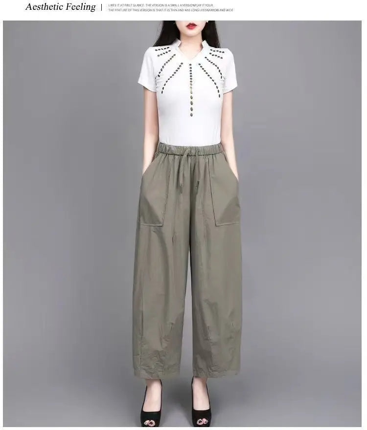 High Waist Wide Leg Pants Women Loose Slimming Nine Points Casual Pants plus Size Versatile Midlife Mom Pants Commute Style